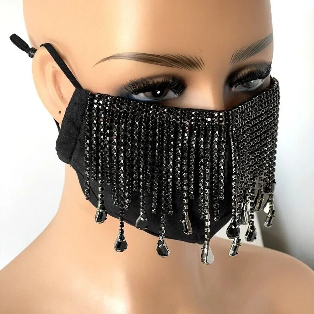 Black Jewelry Rhinestone face mask black tassel fringe dangly masks